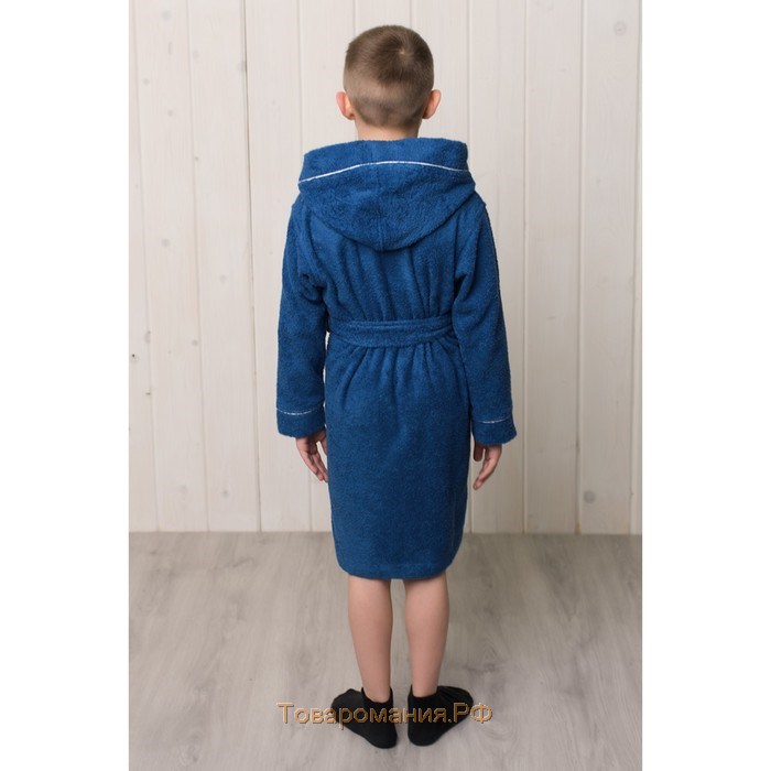 Халат для мальчика с капюшоном, рост 140 см, синий, махра
