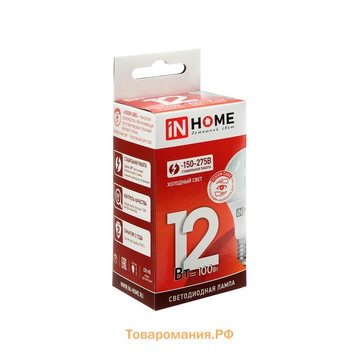 Лампа светодиодная IN HOME LED-A60-VC, Е27, 12 Вт, 230 В, 6500 К, 1140 Лм