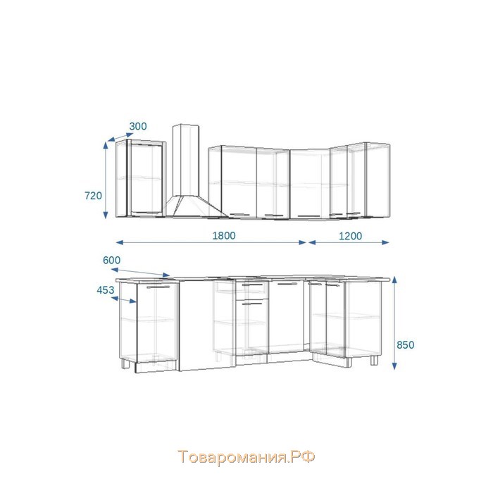 Кухонный гарнитур 1800х1200, 6Р РоялВуд, Голубой прованс 2