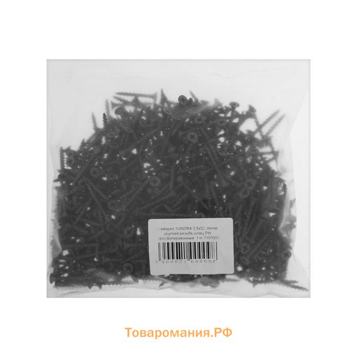 Саморез 3.5×32 мм ТУНДРА PREMIUM, потай, крупная резьба, шлиц PH, фосфатированный, 1 кг