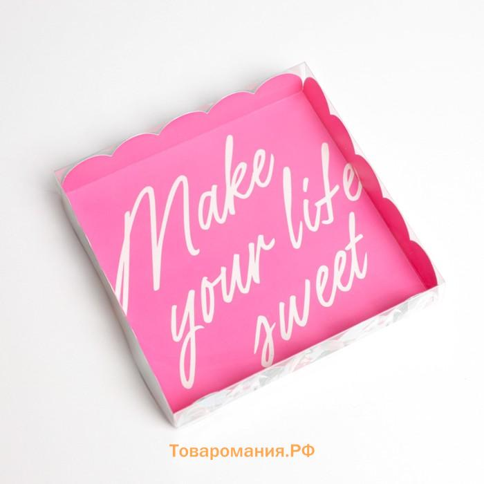 Коробка для печенья, кондитерская упаковка с PVC крышкой, Make your life sweet, 18 х 18 х 3 см